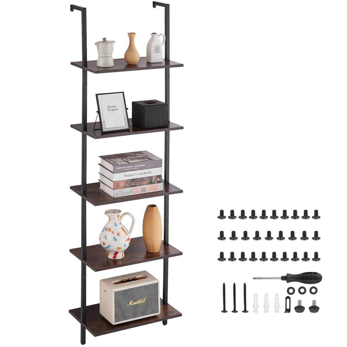 Ladder Shelf, 5-Tier Bookshelf 17.3x11.8in, Open Wall-Mounted Ladder Shelf with Metal Frame,Storage Rack Sundries Holder for Kitchen Bedroom Bathroom Living Room, Black