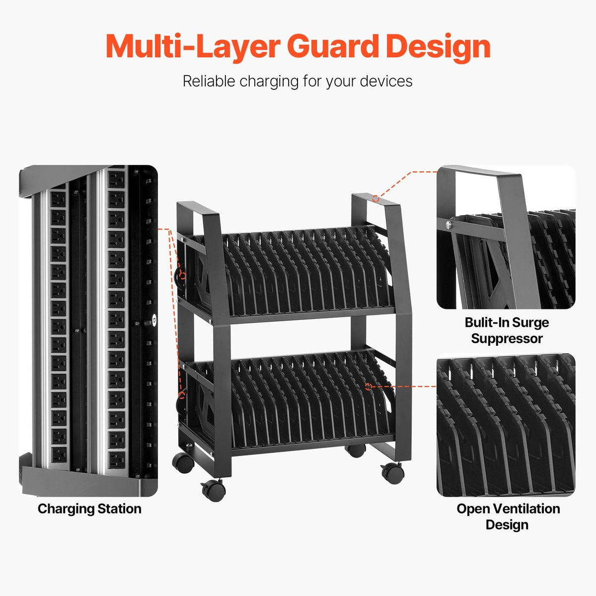 Laptop Cart, 32 Device Mobile Open Charging Station, Up to 15.6 in Screen Size, Office and Classroom Mobile Charging Cart, for Chromebook, Tablet and Laptop