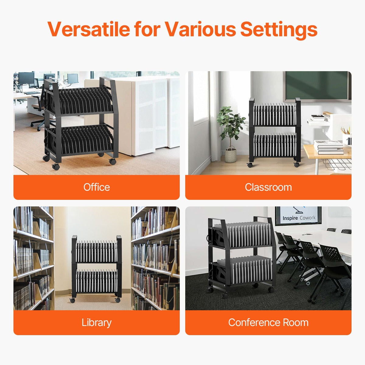 Laptop Cart, 32 Device Mobile Open Charging Station, Up to 15.6 in Screen Size, Office and Classroom Mobile Charging Cart, for Chromebook, Tablet and Laptop