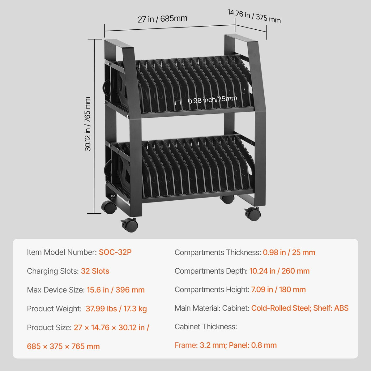 Laptop Cart, 32 Device Mobile Open Charging Station, Up to 15.6 in Screen Size, Office and Classroom Mobile Charging Cart, for Chromebook, Tablet and Laptop