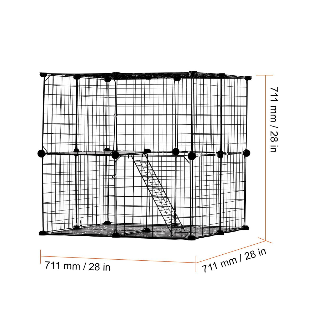 Large 2-tier Cat Cage, 28 x 28 x 28", DIY Detachable Metal Wire Cat Enclosure, with Ramp Ladder Adjustable Resting Platform, Crate Large Indoor & Outdoor Exercise Place for Small Animals, Black