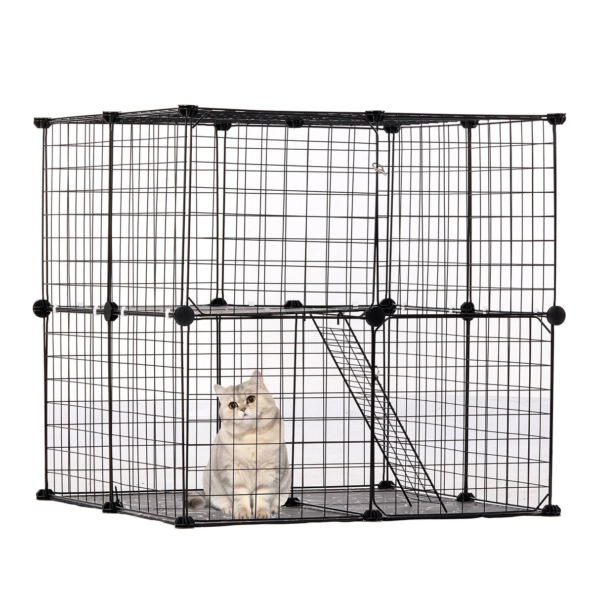 Large 2-tier Cat Cage, 28 x 28 x 28", DIY Detachable Metal Wire Cat Enclosure, with Ramp Ladder Adjustable Resting Platform, Crate Large Indoor & Outdoor Exercise Place for Small Animals, Black