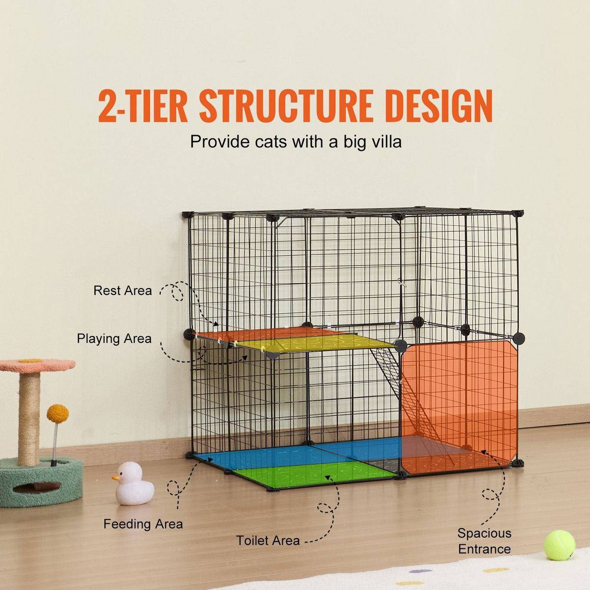 Large 2-tier Cat Cage, 28 x 28 x 28", DIY Detachable Metal Wire Cat Enclosure, with Ramp Ladder Adjustable Resting Platform, Crate Large Indoor & Outdoor Exercise Place for Small Animals, Black