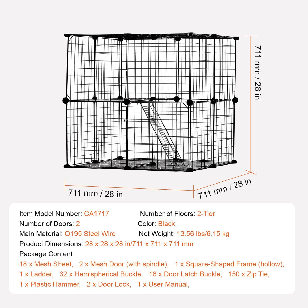 Large 2-tier Cat Cage, 28 x 28 x 28", DIY Detachable Metal Wire Cat Enclosure, with Ramp Ladder Adjustable Resting Platform, Crate Large Indoor & Outdoor Exercise Place for Small Animals, Black