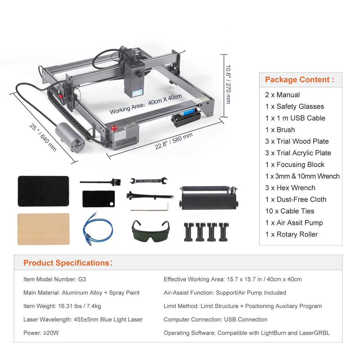 Laser Engraver, 20W Output Laser Engraving Machine, 15.7" x 15.7" Large Working Area, 10000mm/min Movement Speed, Compressed Spot with Rotary Roller, Laser Cutter for Wood, Certain Metal
