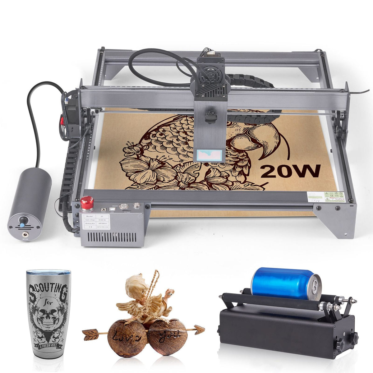Laser Engraver, 20W Output Laser Engraving Machine, 15.7" x 15.7" Large Working Area, 10000mm/min Movement Speed, Compressed Spot with Rotary Roller, Laser Cutter for Wood, Certain Metal