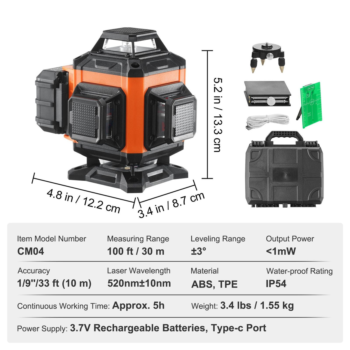 Laser Level, 100ft, Self Leveling Manual Green 4 x 360° Cross 16 Line Laser, IP54 Waterproof Remote Control Manual Self-leveling Mode & 5h Continuous Working Time Line Laser, Battery Include