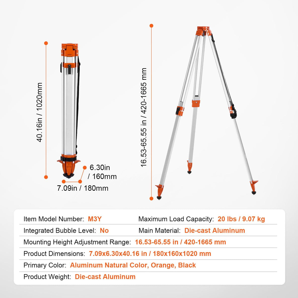 Laser Level Tripod Stand, 5/8"-11 Thread Mount, 16.53-65.55 inch Height Adjustment Heavy Duty Survey Tripod for Construction Laser Level Scanner, Retractable Legs Non-Skid Feet Professional