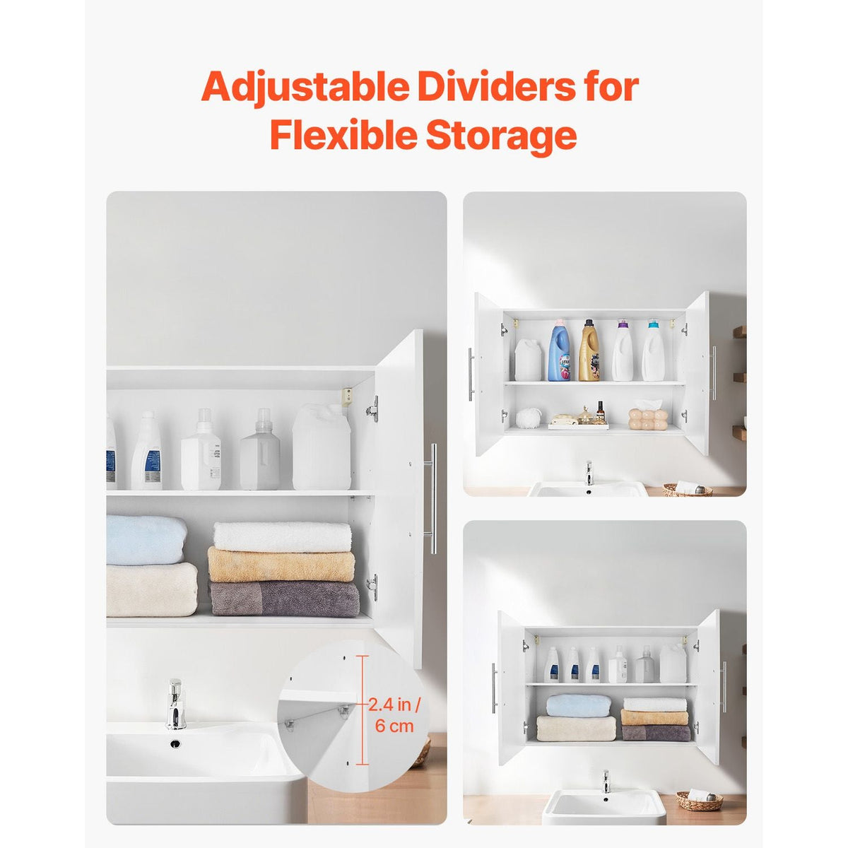 Laundry Room Wall Cabinet, 2-Tier Wall Mounted Hanging Cabinet with 2 Doors, Cupboard Organizer with Adjustable Shelf, for Bathroom, Kitchen, Garage, Laundry, 16 x 36 x 24 in (D x W x H), White