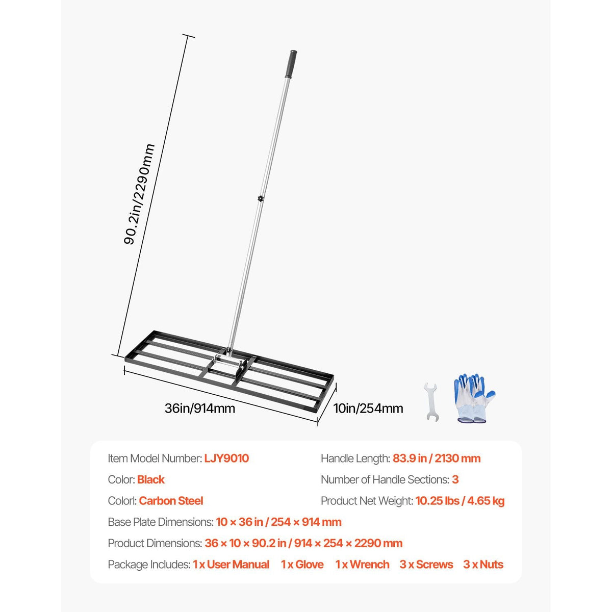 Lawn Leveling Rake, Lawn Leveler with 83.9 in Handle, 36x10 in Ground Plate, Rust-Resistant Carbon Steel Soil Leveler, 3 Heights Adjustable, Effort Saving Lawn Leveling Tool for Yard Golf Court