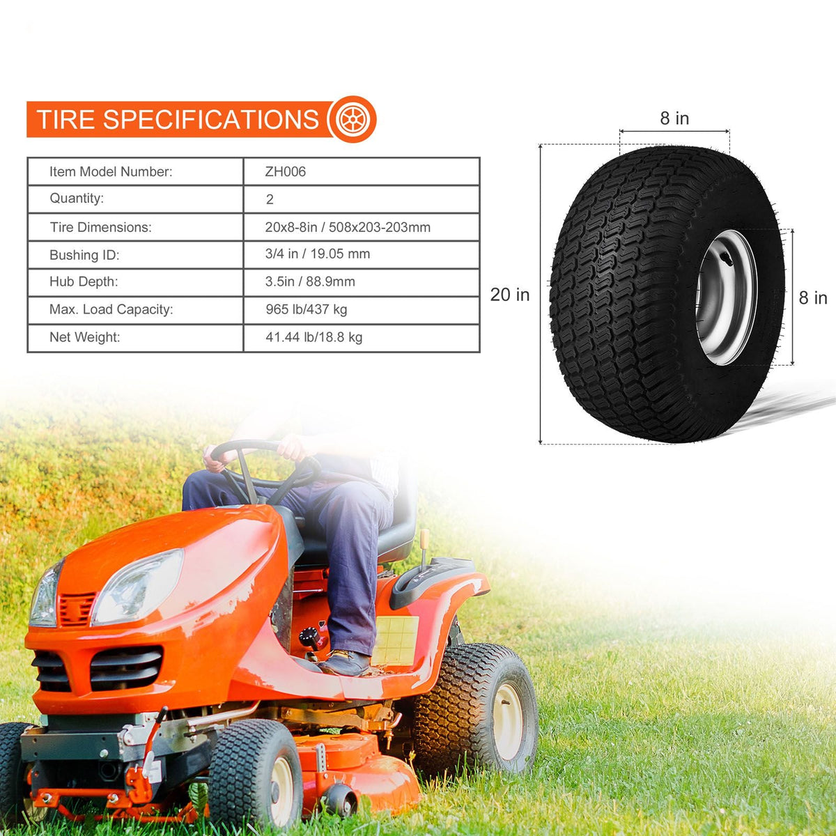 Lawn Mower Tires with Rim, 20x8-8" Tubeless Tractor Tires, 2-Pack Tire and Wheel Assembly, S-Turf Pneumatic Tires with 3.5" Offset Hub and 3/4" Bushing Size, for Riding Mowers Lawn Tractors