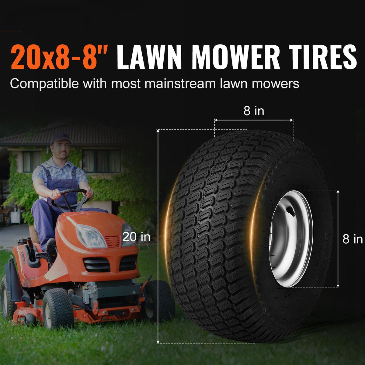 Lawn Mower Tires with Rim, 20x8-8" Tubeless Tractor Tires, 2-Pack Tire and Wheel Assembly, S-Turf Pneumatic Tires with 3.5" Offset Hub and 3/4" Bushing Size, for Riding Mowers Lawn Tractors