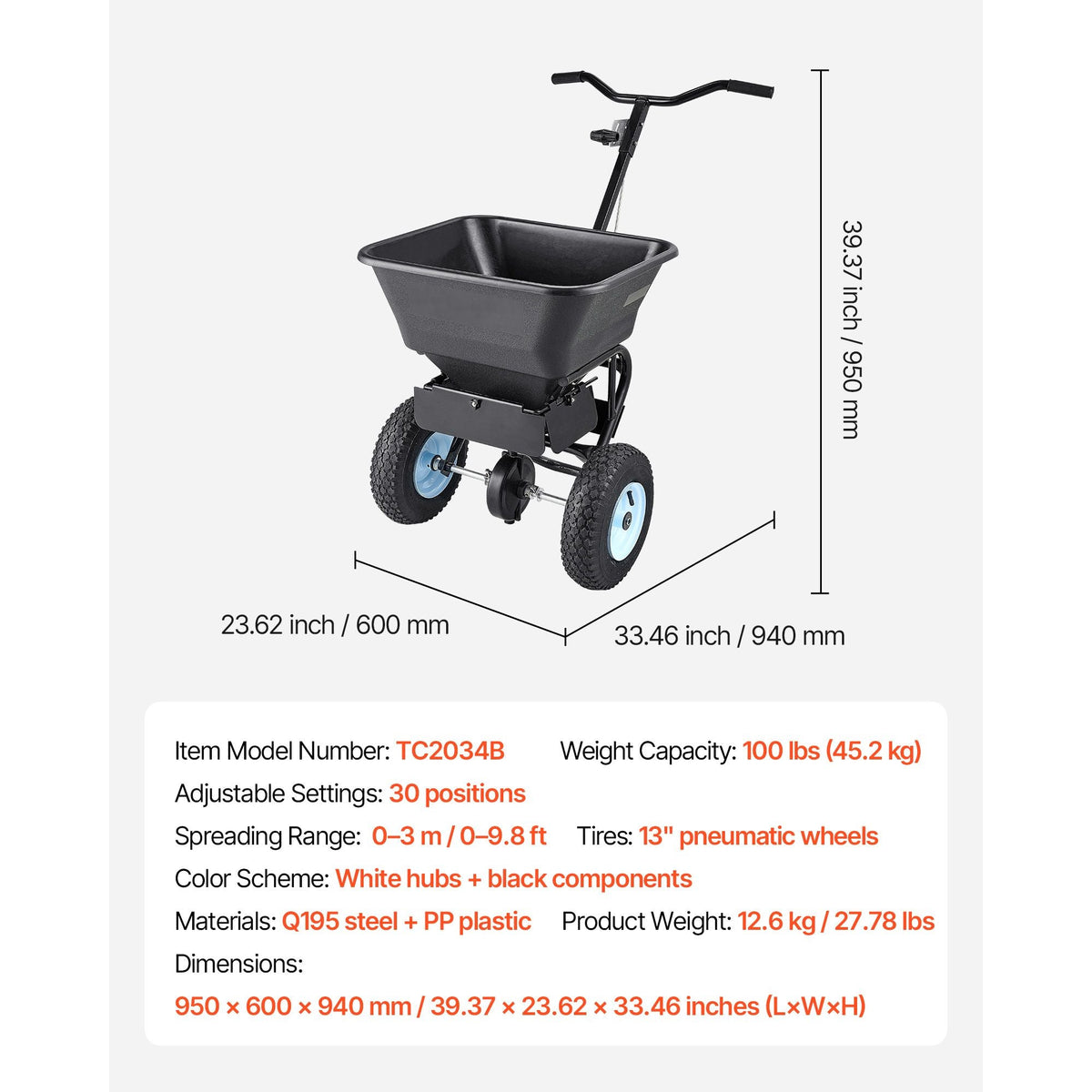 Lawn Spreader, 100LBS Capacity, Walk-Behind Push Spreader, 0-9.8ft Spreading Width, 13 in All Terrain Pneumatic Tires, Fertilizer Spreaders with Hopper Grate, for Seed Salt Ice Melt