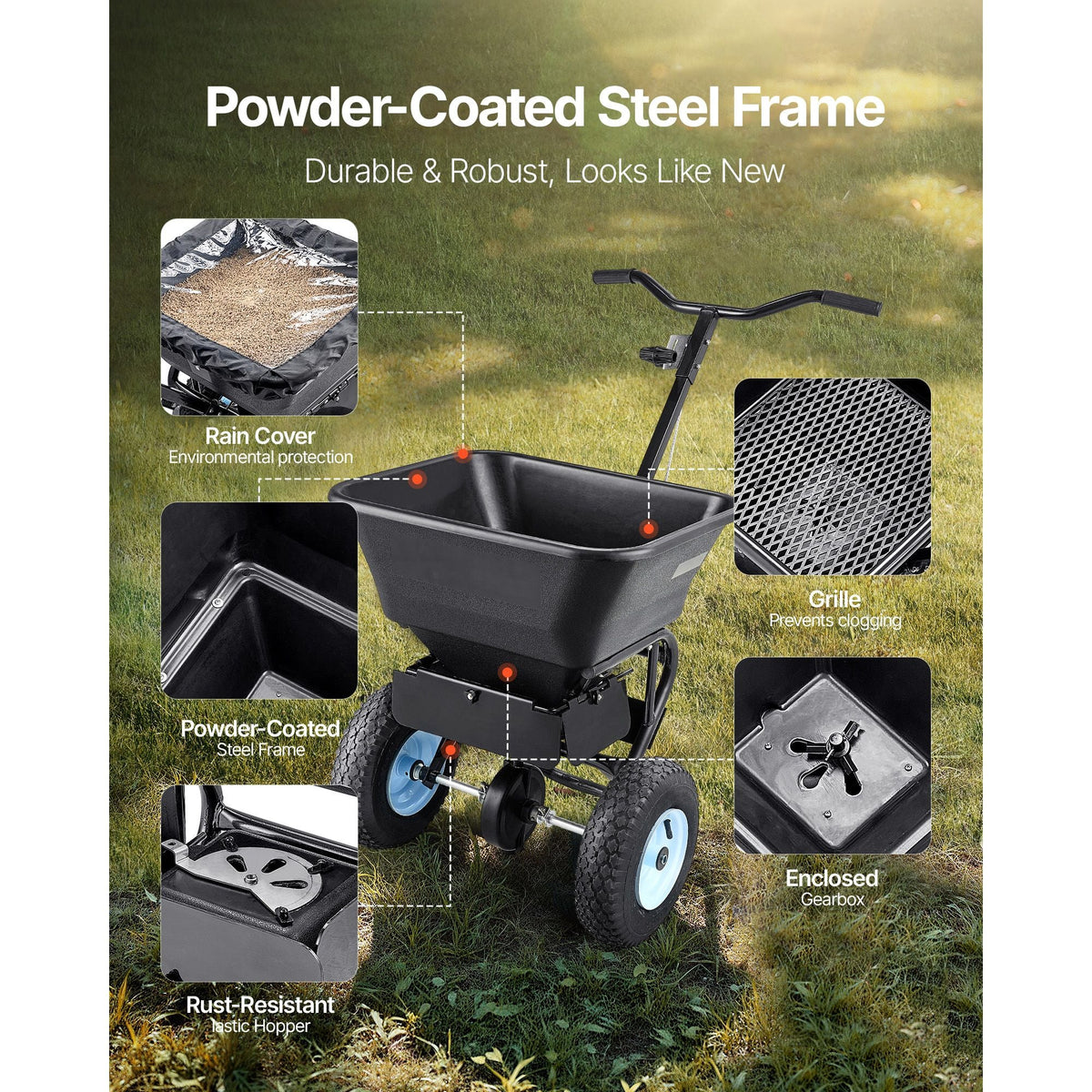 Lawn Spreader, 100LBS Capacity, Walk-Behind Push Spreader, 0-9.8ft Spreading Width, 13 in All Terrain Pneumatic Tires, Fertilizer Spreaders with Hopper Grate, for Seed Salt Ice Melt
