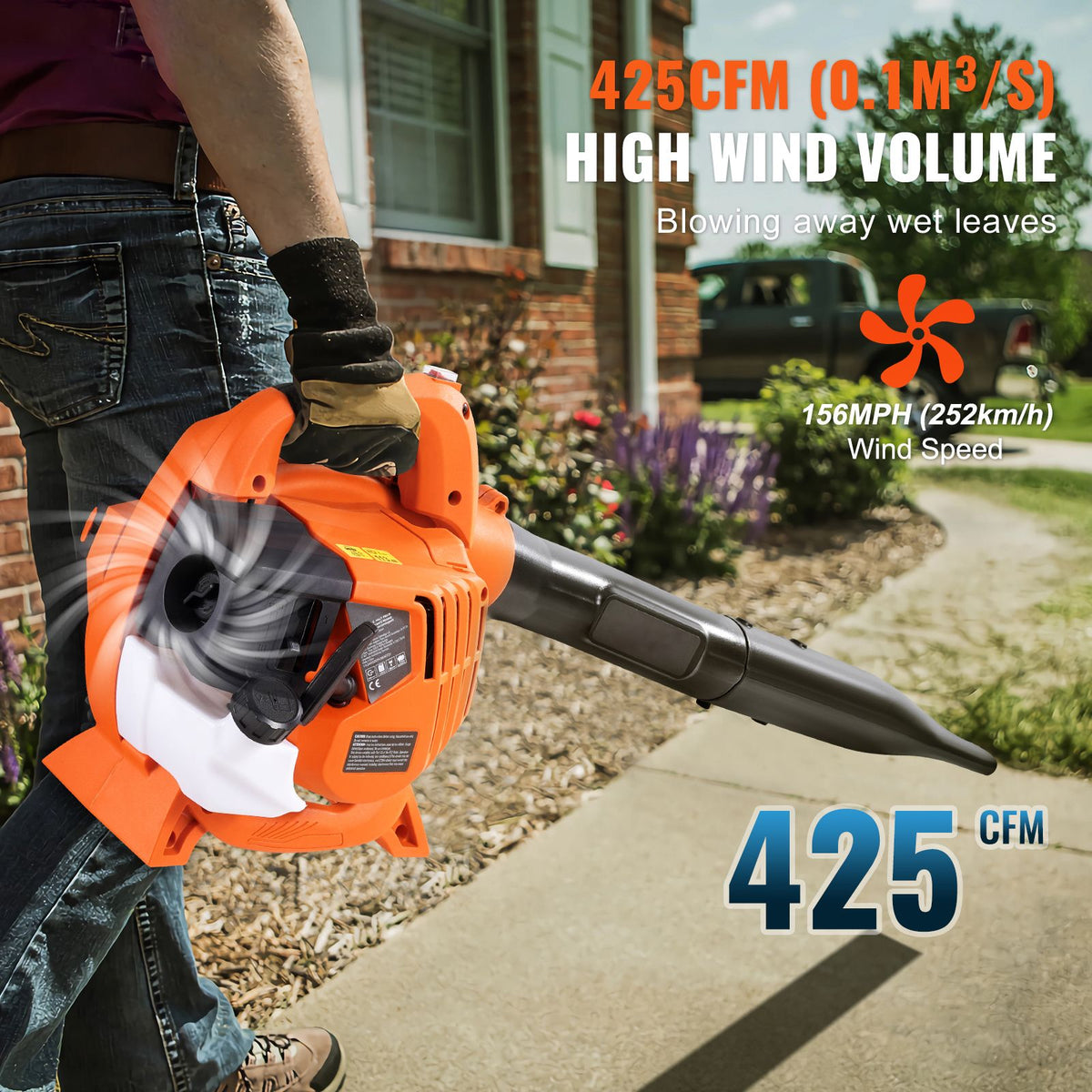 Leaf Blower, 26CC 2-Cycle Handheld Leaf Blower with A Fuel Tank, 2-in-1 Blower 425CFM Air Volume 156MPH Speed, Ideal for Lawn Care, Leaf Cleaning, and Snow Removal