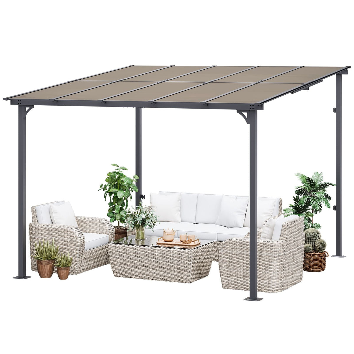 Lean to Gazebo for Patio, 10' x 10' Hard Top Gazebo with Medal Frame, Wall Mounted & Freestanding Pergola, UV Resistant Polycarbonate Roof, Outdoor Patio Awnings for Deck, Garden and Backyard