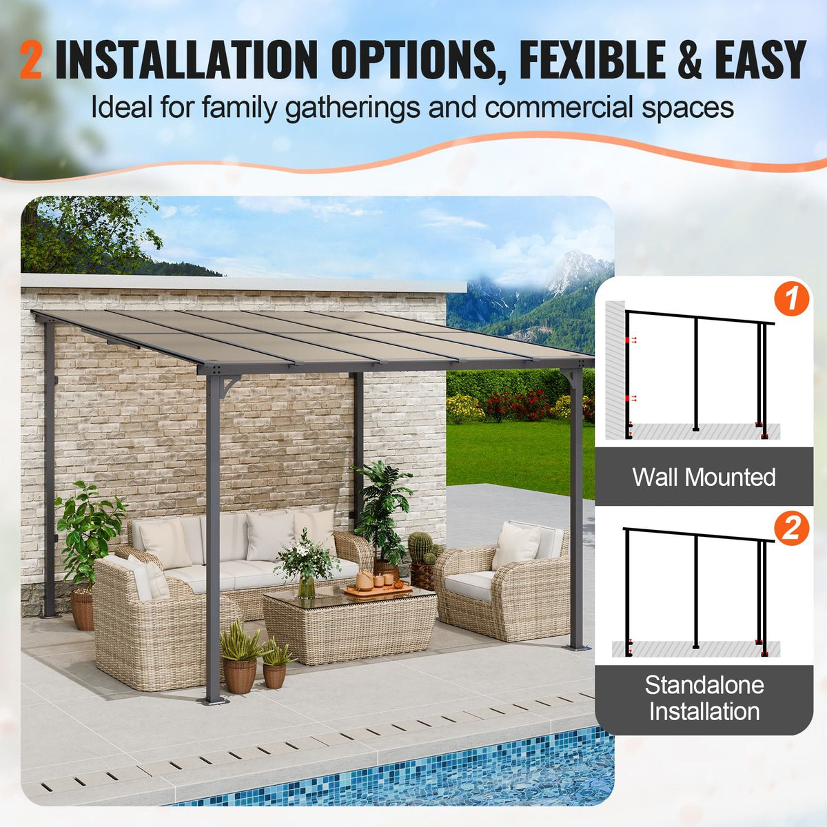 Lean to Gazebo for Patio, 10' x 10' Hard Top Gazebo with Medal Frame, Wall Mounted & Freestanding Pergola, UV Resistant Polycarbonate Roof, Outdoor Patio Awnings for Deck, Garden and Backyard