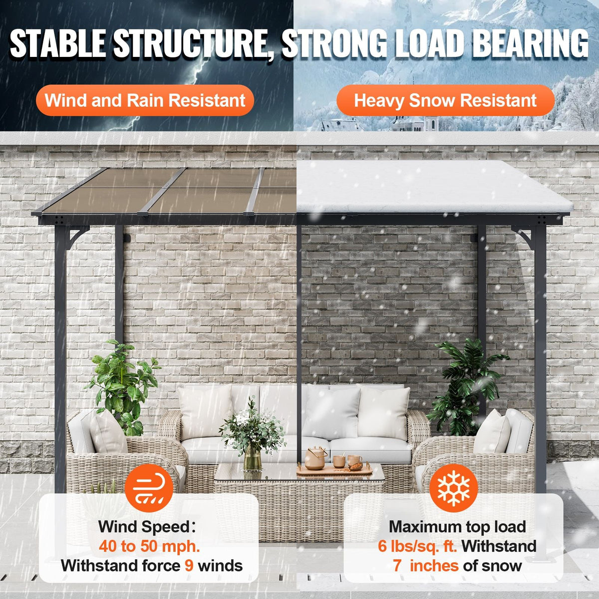 Lean to Gazebo for Patio, 10' x 10' Hard Top Gazebo with Medal Frame, Wall Mounted & Freestanding Pergola, UV Resistant Polycarbonate Roof, Outdoor Patio Awnings for Deck, Garden and Backyard
