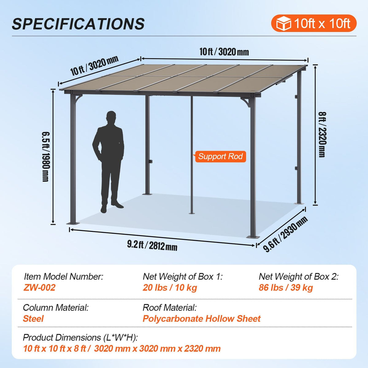 Lean to Gazebo for Patio, 10' x 10' Hard Top Gazebo with Medal Frame, Wall Mounted & Freestanding Pergola, UV Resistant Polycarbonate Roof, Outdoor Patio Awnings for Deck, Garden and Backyard