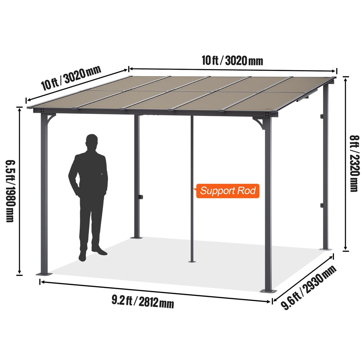 Lean to Gazebo for Patio, 10' x 10' Hard Top Gazebo with Medal Frame, Wall Mounted & Freestanding Pergola, UV Resistant Polycarbonate Roof, Outdoor Patio Awnings for Deck, Garden and Backyard