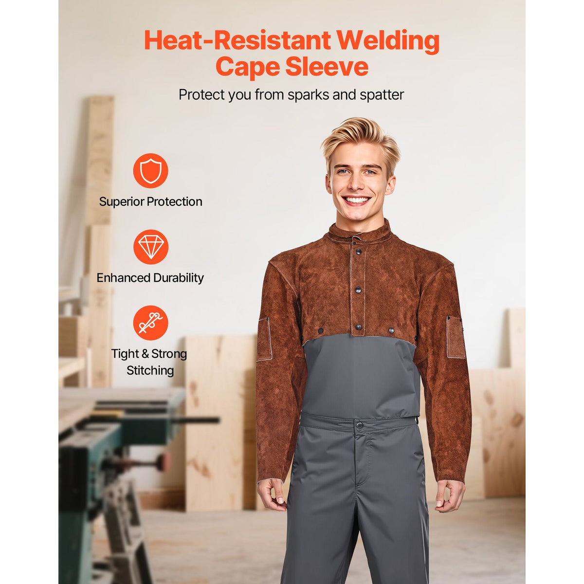 Leather Welding Cape Sleeve, Heavy Duty Flame Resistant Cowhide Safety Cape Sleeves for Men Women, Heat-Resistant for Welding, Blacksmithing, Woodworking, Gardening, XXL-Size