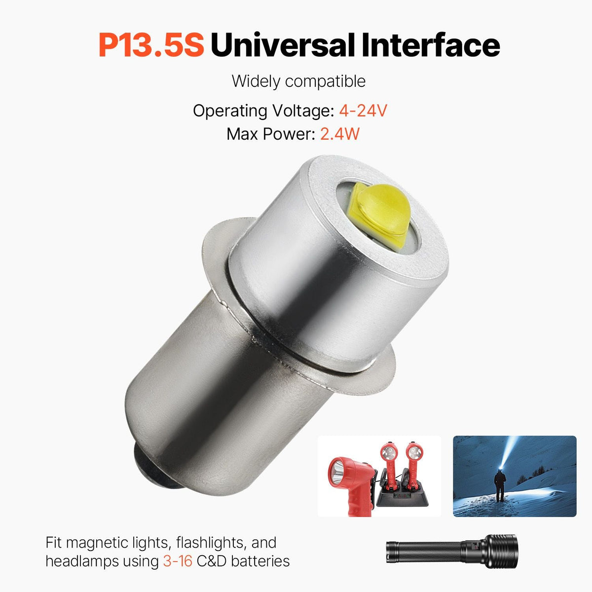 LED Flashlight Bulbs, P13.5S 4-12 Volt, 230LM Flashlight Conversion Replacement Kit, Longer Life and Brighter White Maglight LED Bulbs for 3-16 Cell C/D Flashlights, Headlights,Lamp, Torch