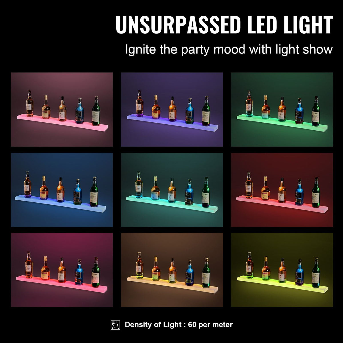LED Lighted Liquor Bottle Display, 1 Tier 40 Inch Wall Mounted Whiskey Rack Stand, 1 Step Commercial Illuminated Home Bar Shelf, Acrylic Drinks lighting Shelves with RF Remote & App Control
