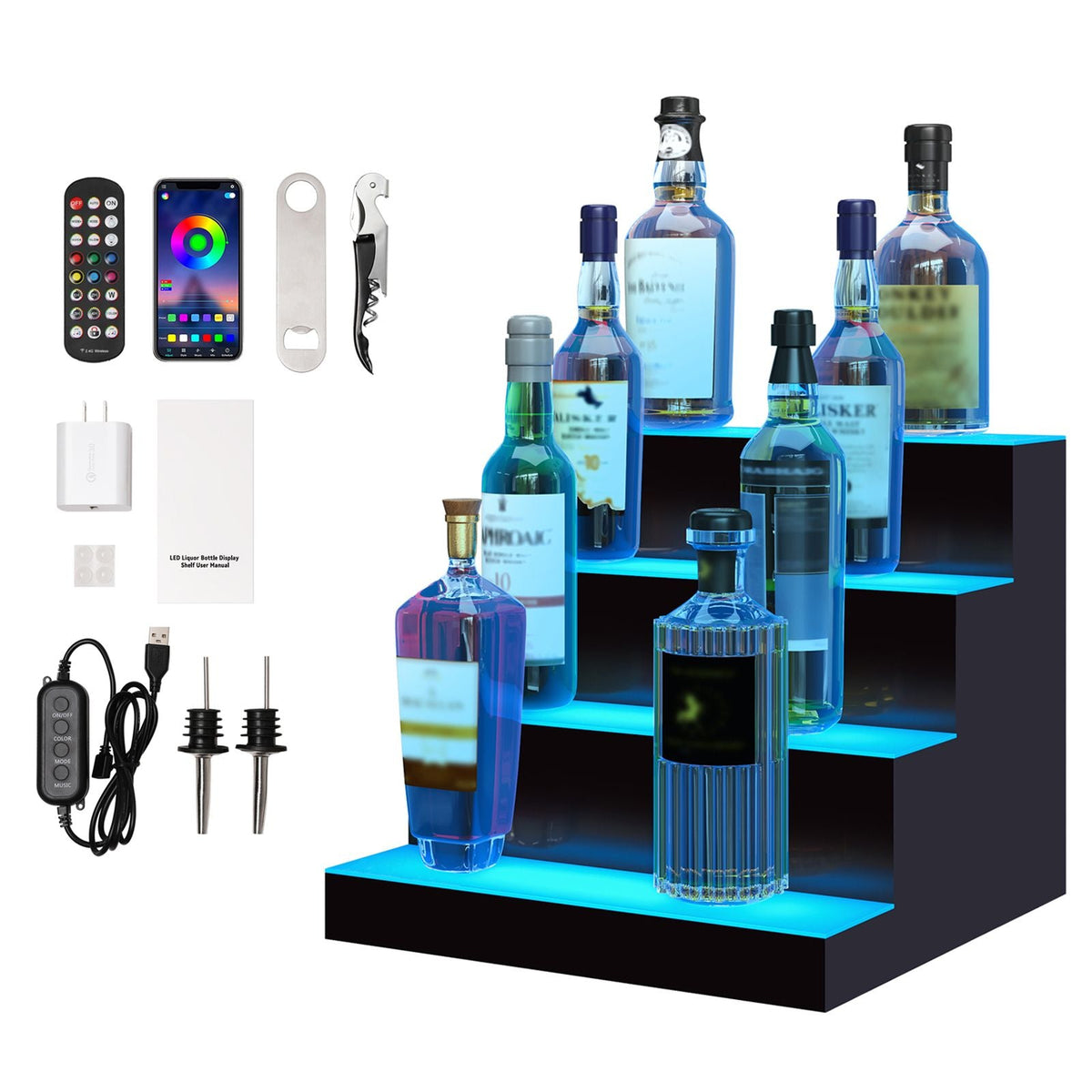 LED Lighted Liquor Bottle Display Bar Shelf RF & App Control 16" 4-Step