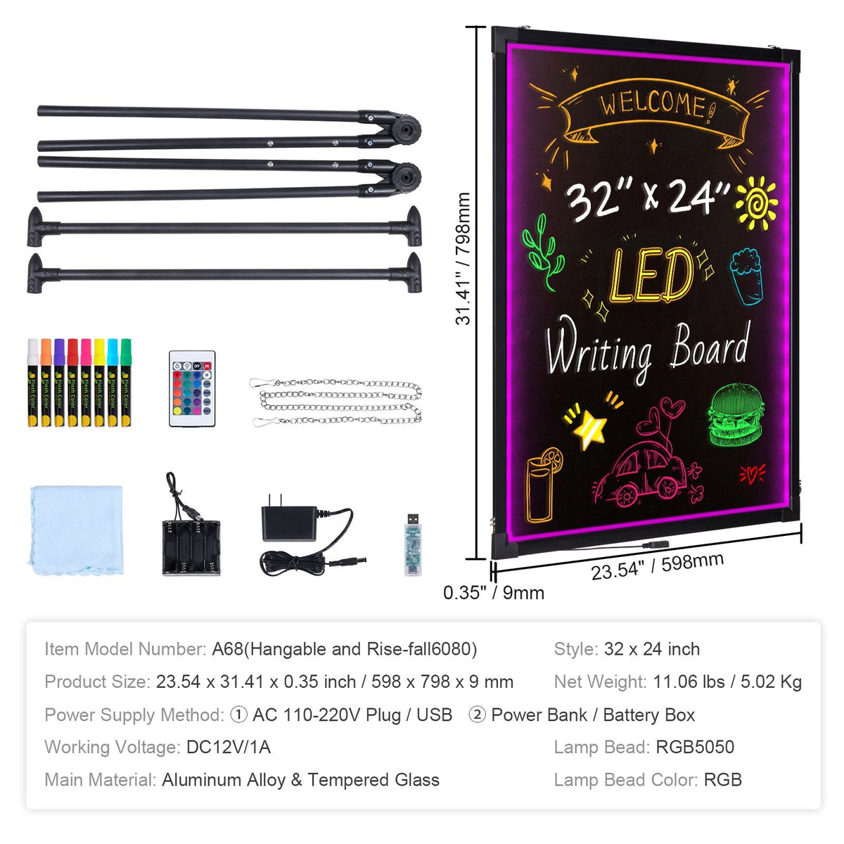 LED Message Writing Board, 32"x24" Illuminated Erasable Lighted Chalkboard, Neon Effect Menu Sign Board, Drawing Board with 8 Fluorescent Chalk Markers and Remote Contro Tested toStandards