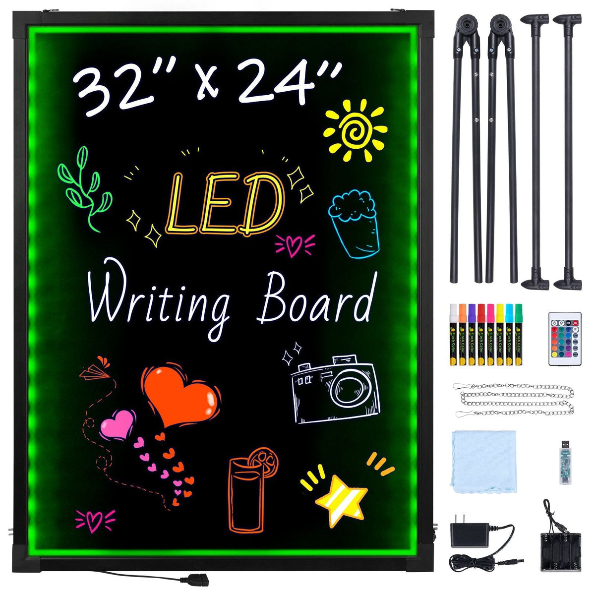 LED Message Writing Board, 32"x24" Illuminated Erasable Lighted Chalkboard, Neon Effect Menu Sign Board, Drawing Board with 8 Fluorescent Chalk Markers and Remote Contro Tested toStandards