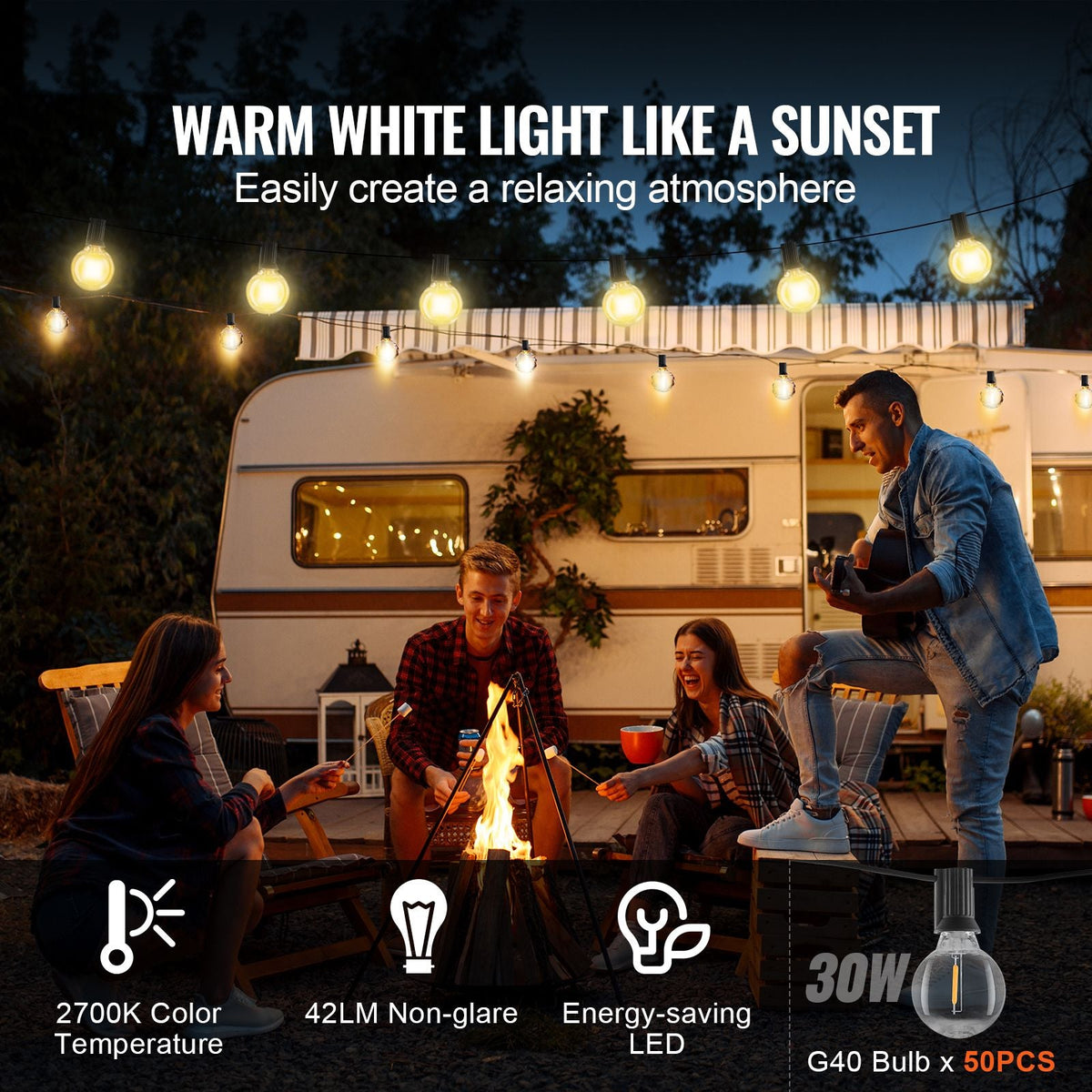 LED Outdoor String Lights, 100FT, 2700K Dimmable Outside Patio Lights with 50 G40 Shatterproof Bulbs E12 Socket Base, Waterproof Hanging Lights for Porch Backyard Garden Balcony Party Decor