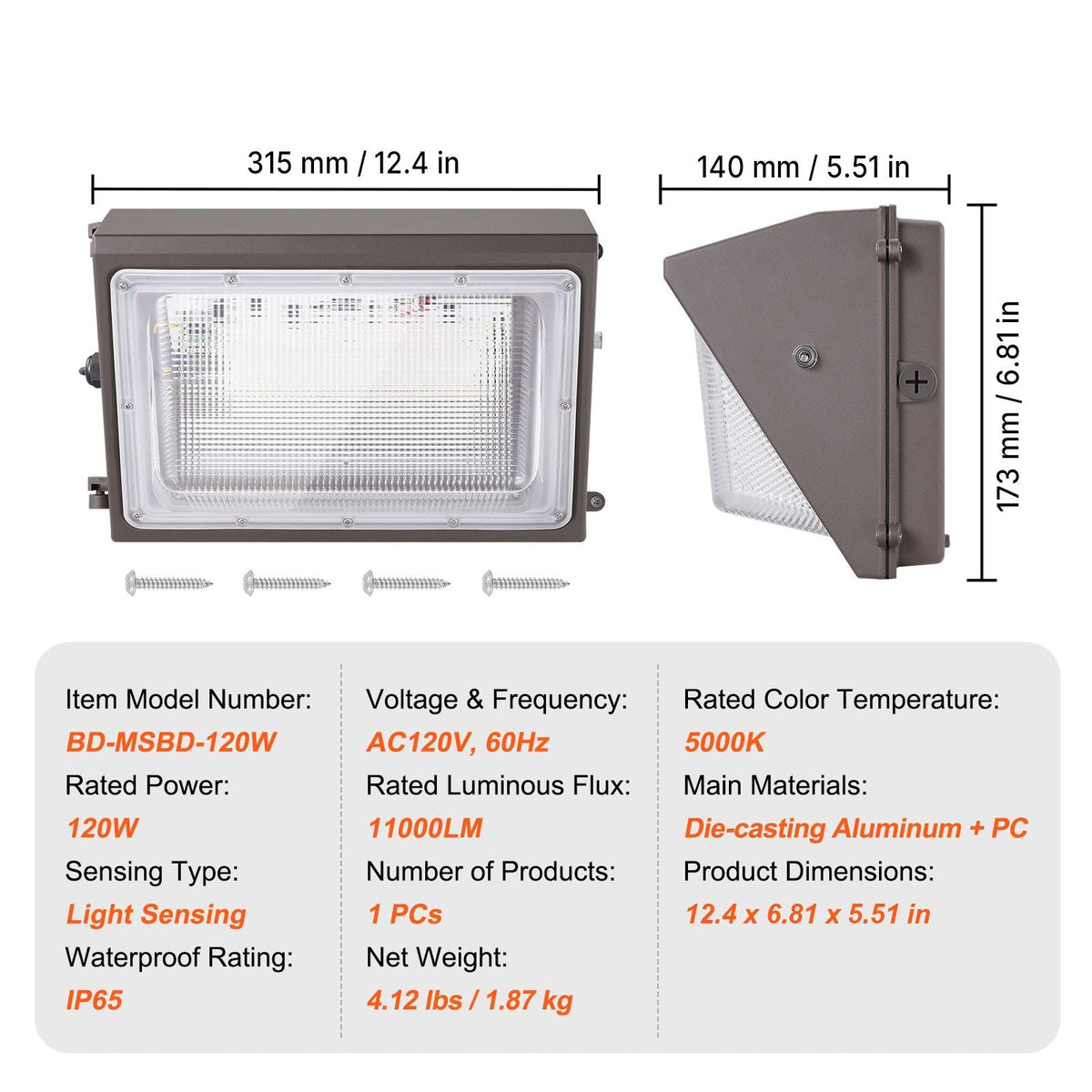 LED Wall Pack Lights, 120W 11000LM, 5000K Commercial Outdoor Lights Security Lighting Fixture, with Intelligent Light Sensing 240 LED beads Energy Saving for Garages Yards, IP65 Waterproof