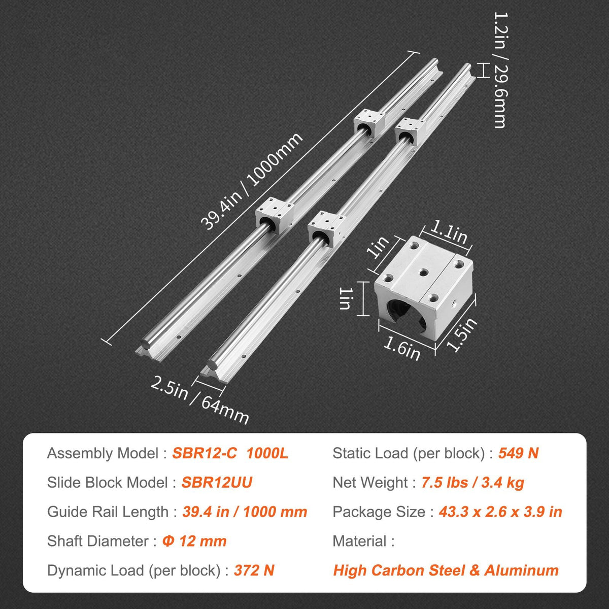 Linear Guide Rail Set, SBR12 1000mm, 2 PCS 39.4 in/1000 mm SBR12 Guide Rails and 4 PCS SBR12UU Slide Blocks, Linear Rails and Bearings Kit for Automated Machines DIY Project CNC Router Machines