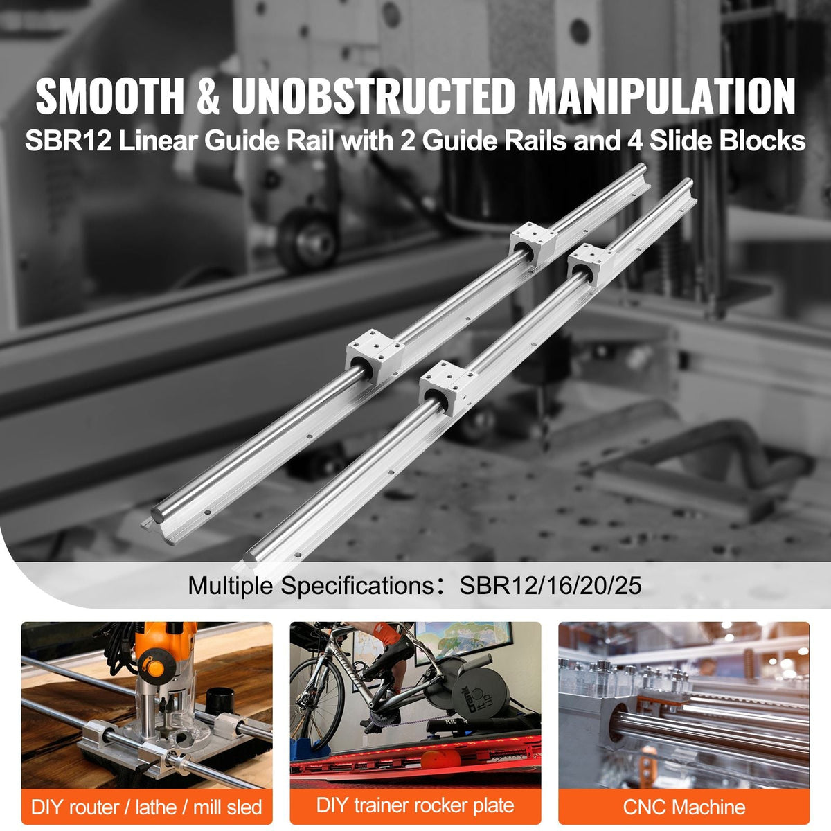 Linear Guide Rail Set, SBR12 1000mm, 2 PCS 39.4 in/1000 mm SBR12 Guide Rails and 4 PCS SBR12UU Slide Blocks, Linear Rails and Bearings Kit for Automated Machines DIY Project CNC Router Machines