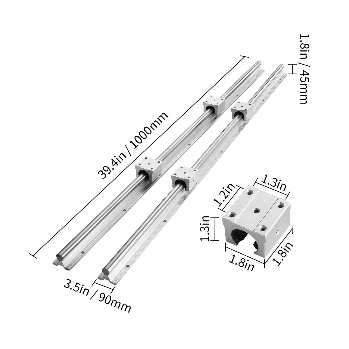Linear Guide Rail Set, SBR16 1000mm, 2 PCS 39.4 in/1000 mm SBR16 Guide Rails and 4 PCS SBR16UU Slide Blocks, Linear Rails and Bearings Kit for Automated Machines DIY Project CNC Router Machines