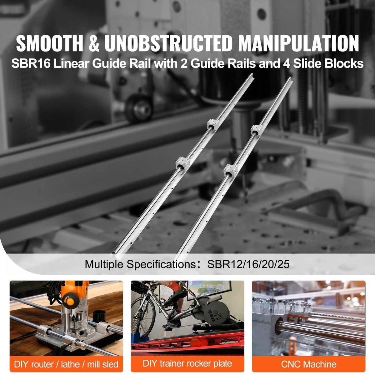 Linear Guide Rail Set, SBR16 1500mm, 2 PCS 59 in/1500 mm SBR16 Guide Rails and 4 PCS SBR16UU Slide Blocks, Linear Rails and Bearings Kit for Automated Machines DIY Project CNC Router Machines