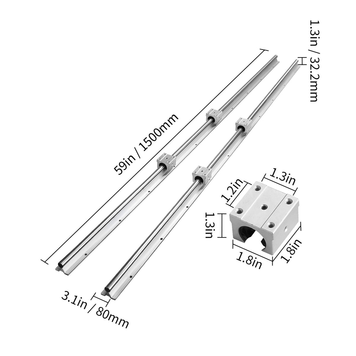 Linear Guide Rail Set, SBR16 1500mm, 2 PCS 59 in/1500 mm SBR16 Guide Rails and 4 PCS SBR16UU Slide Blocks, Linear Rails and Bearings Kit for Automated Machines DIY Project CNC Router Machines