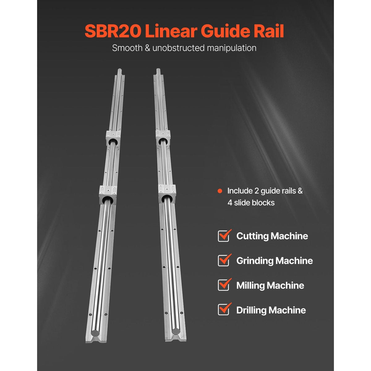 Linear Motion Set, SBR20 1500mm, Comes with Two 59 in/1500 mm SBR20 Rails & Four SBR20UU Blocks, Ideal for DIY CNC and Automation Tasks