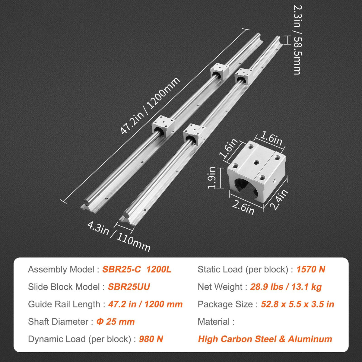 Linear Track Kit, SBR25 1200mm, Includes 2 Units of 47.2 in/1200mm SBR25 Rails & 4 SBR25UU Sliding Units, Linear Motion Guides for Automation DIY CNC Projects