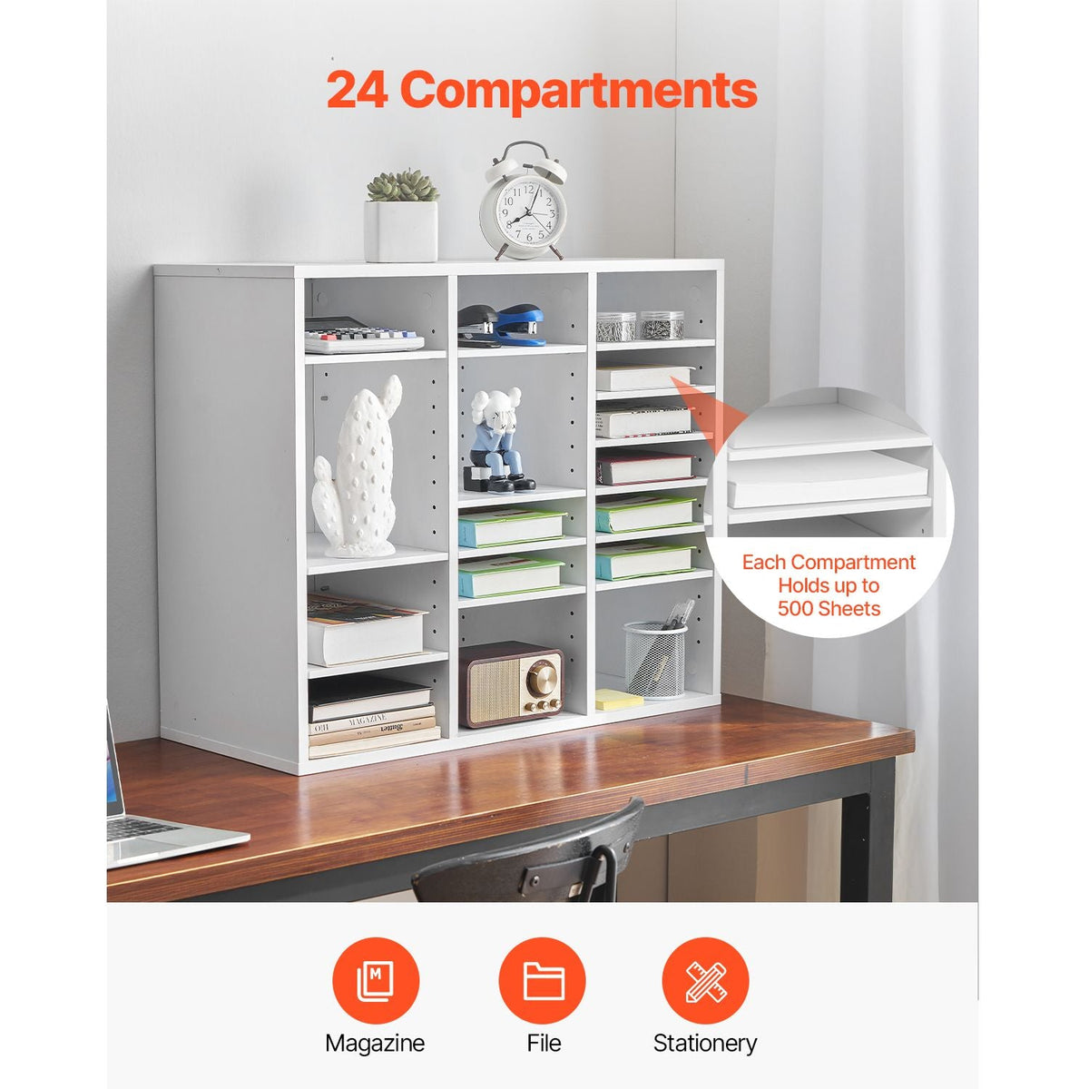 Literature Organizer, 24 Compartments Office Mailbox with Adjustable Shelves, Wooden Mailbox Sorter Medium Density Fiberboard Office Home Classroom Storage for Files, Documents, Papers, White
