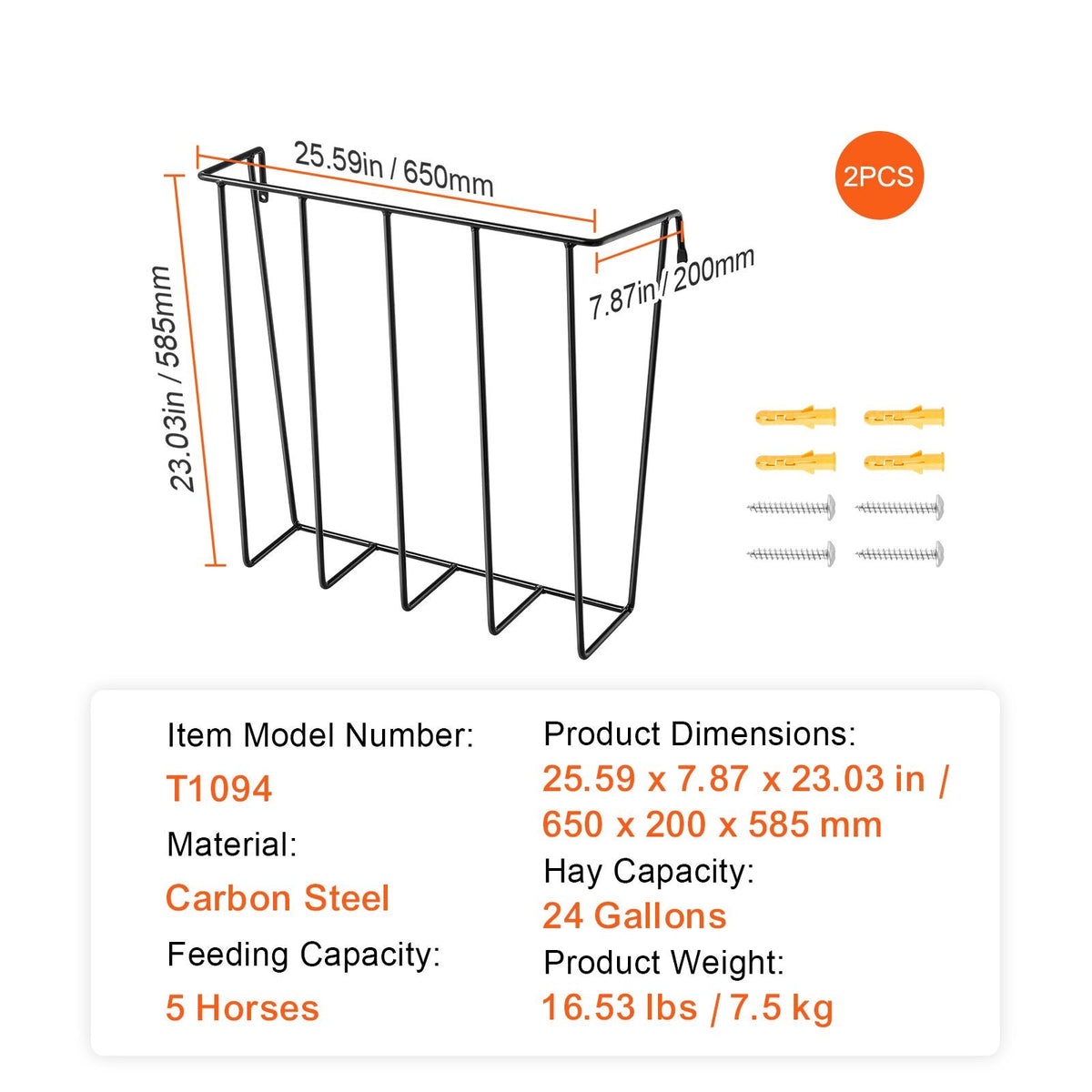 Livestock Hay Feeder, 24 Gallons Large Capacity, 2 Packs Heavy-Duty Steel Goat Hay Rack, 27'' Long Wall Mounted Horse Hay Holder, Multiple Sided Feeding Rack for Sheep Farm Indoor Outdoor
