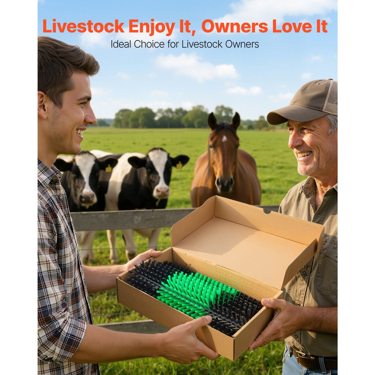 Livestock Scratching Brush, 2PCS Goat Scratcher Brush Post with 8 Screws, 16.9" x 7.5" Cow Scratcher for Back Itch Relief, Massage Grooming Scratch Tool for Horse Cattle Sheep Pig, Green & Black