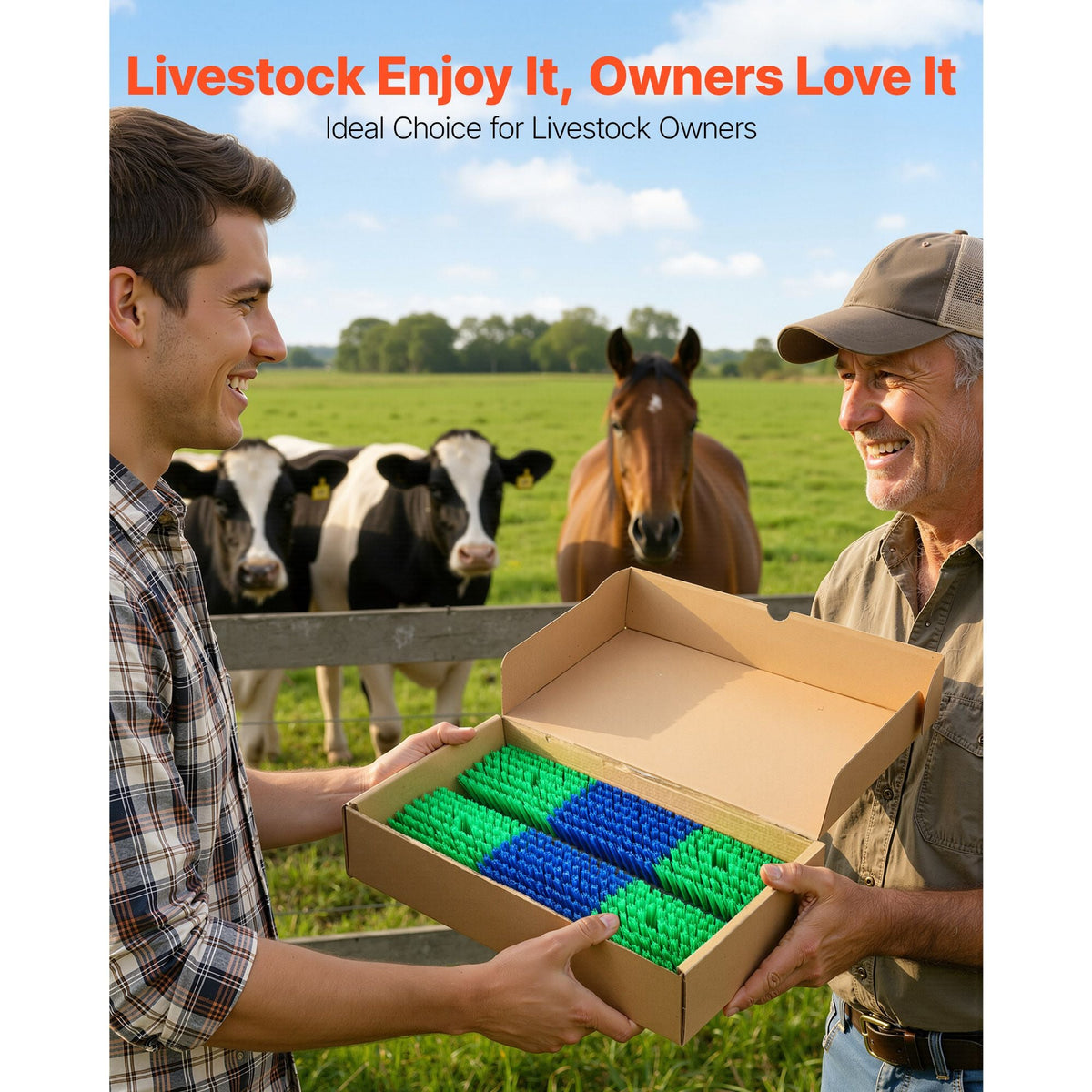 Livestock Scratching Brush, 4PCS Goat Scratcher Brush Post with 16 Screws, 16.9" x 3.9" Cow Scratcher for Back Itch Relief, Massage Grooming Scratch Tool for Horse Cattle Sheep Pig, Green & Blue