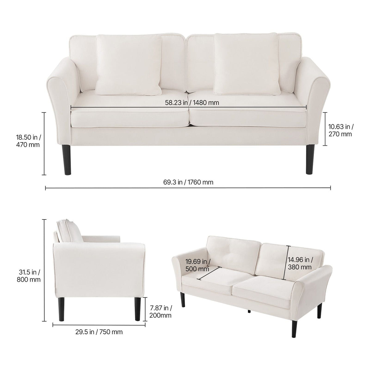 Loveseat Sofa, 69-Inch Small Sofa Couch for Living Room, Velvet Fabric 2-Seats Couch with Sinuous Spring, Soft Cushions and Sturdy Frame, Comfy Loveseat for Bedroom, Office or Apartment, White