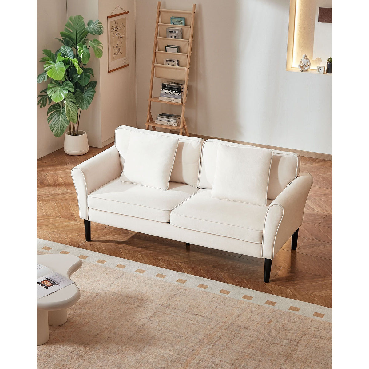 Loveseat Sofa, 69-Inch Small Sofa Couch for Living Room, Velvet Fabric 2-Seats Couch with Sinuous Spring, Soft Cushions and Sturdy Frame, Comfy Loveseat for Bedroom, Office or Apartment, White