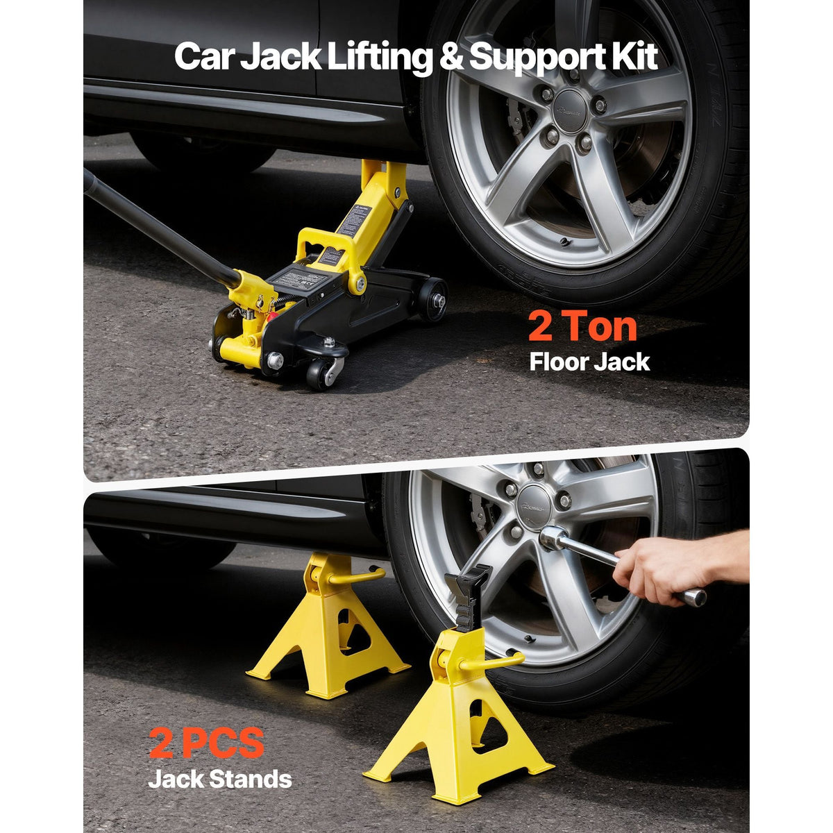 Low Profile Floor Jack, 2 Ton (4400 lbs) Capacity, Steel Racing Floor Jack with Stands, Single Piston Quick Lift Pump, Hydraulic Trolley Car Lift for Compact SUVs, Lifting Range 5.1-12.2 Inches