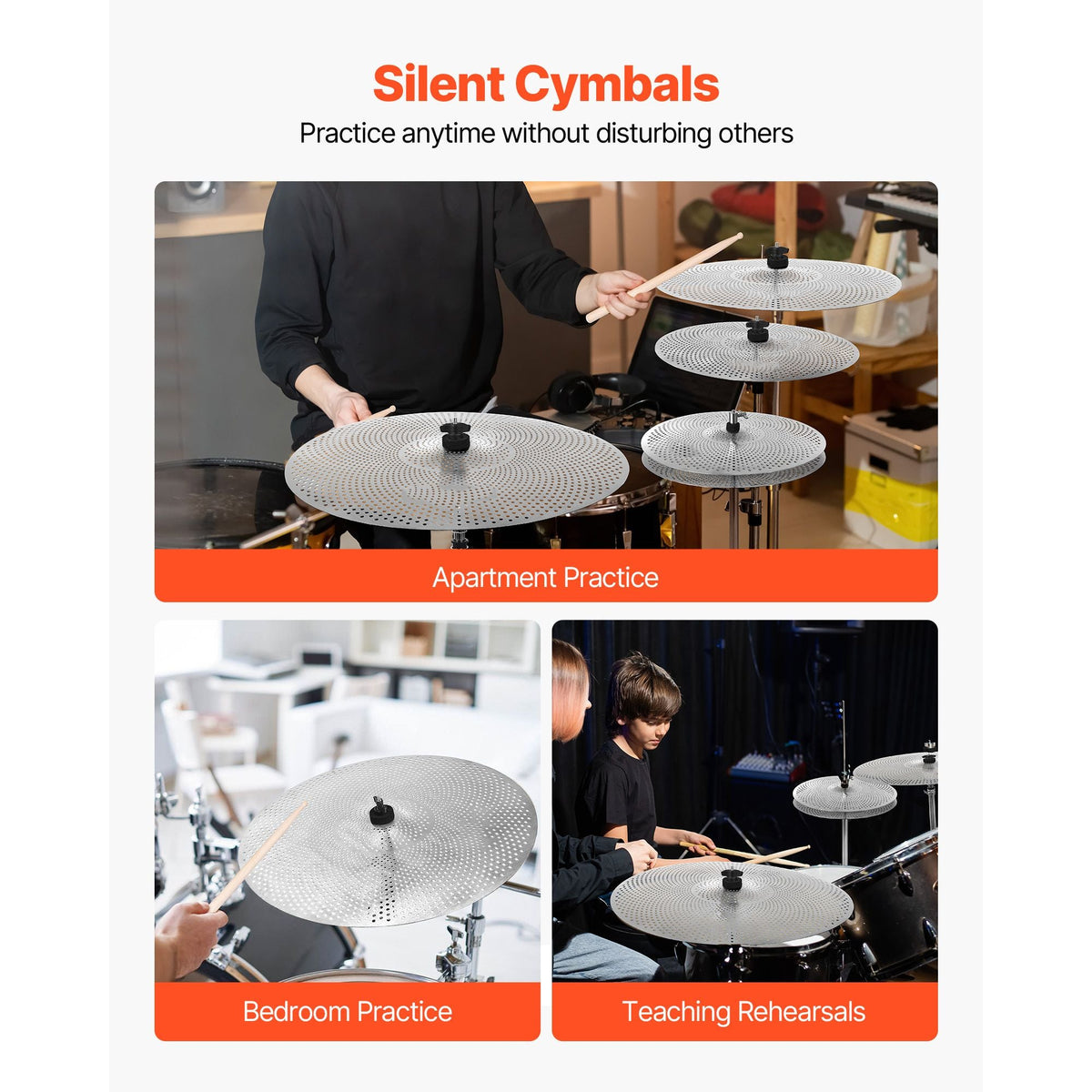 Low Volume Cymbal Pack, 4 Pieces Quiet Cymbals for Drum Set, Alloy Cymbals Drum Set Includes 14-inch Hi-Hats, 16-inch Crash, 18-inch Crash, 20-inch Ride, Drumsticks & Cymbal Bag, Bright Copper