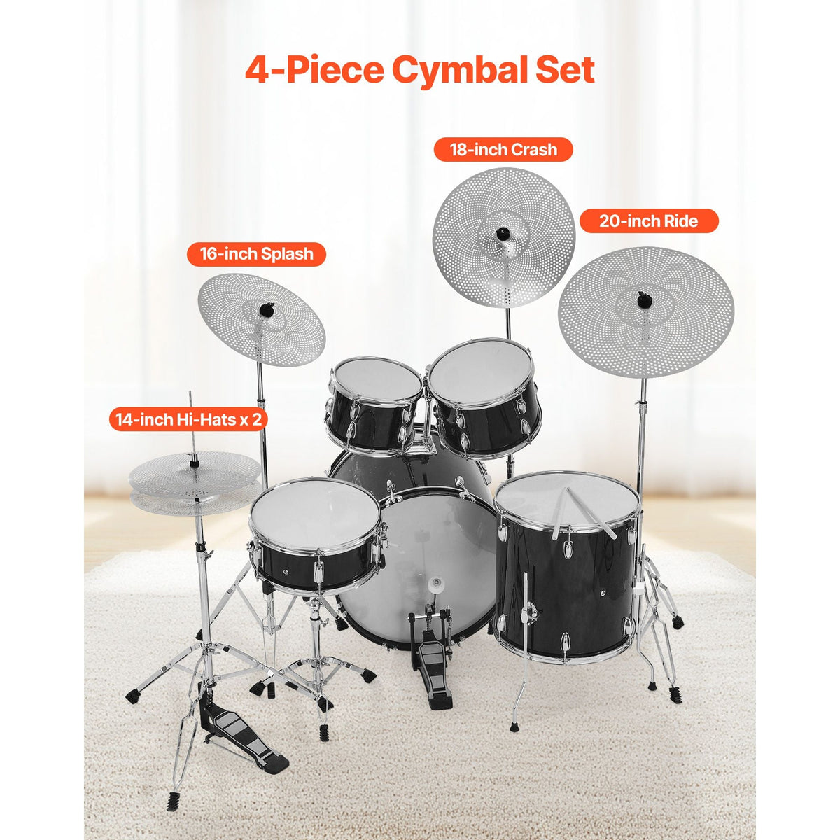 Low Volume Cymbal Pack, 4 Pieces Quiet Cymbals for Drum Set, Alloy Cymbals Drum Set Includes 14-inch Hi-Hats, 16-inch Crash, 18-inch Crash, 20-inch Ride, Drumsticks & Cymbal Bag, Bright Copper
