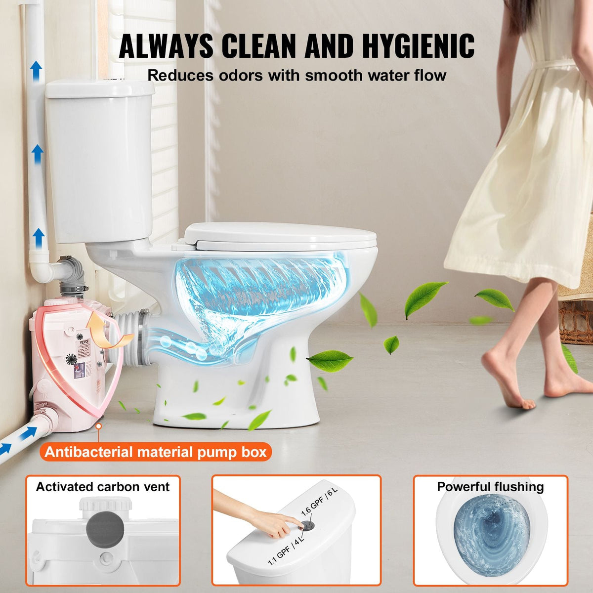 Macerating Toilet System with Powerful 500W Macerator Pump, Rear Discharge and Upflush Toilet For Basement, Dual Flush Water Disposal, Macerating Toilet System Kit with 3-Inlet, Space Saving