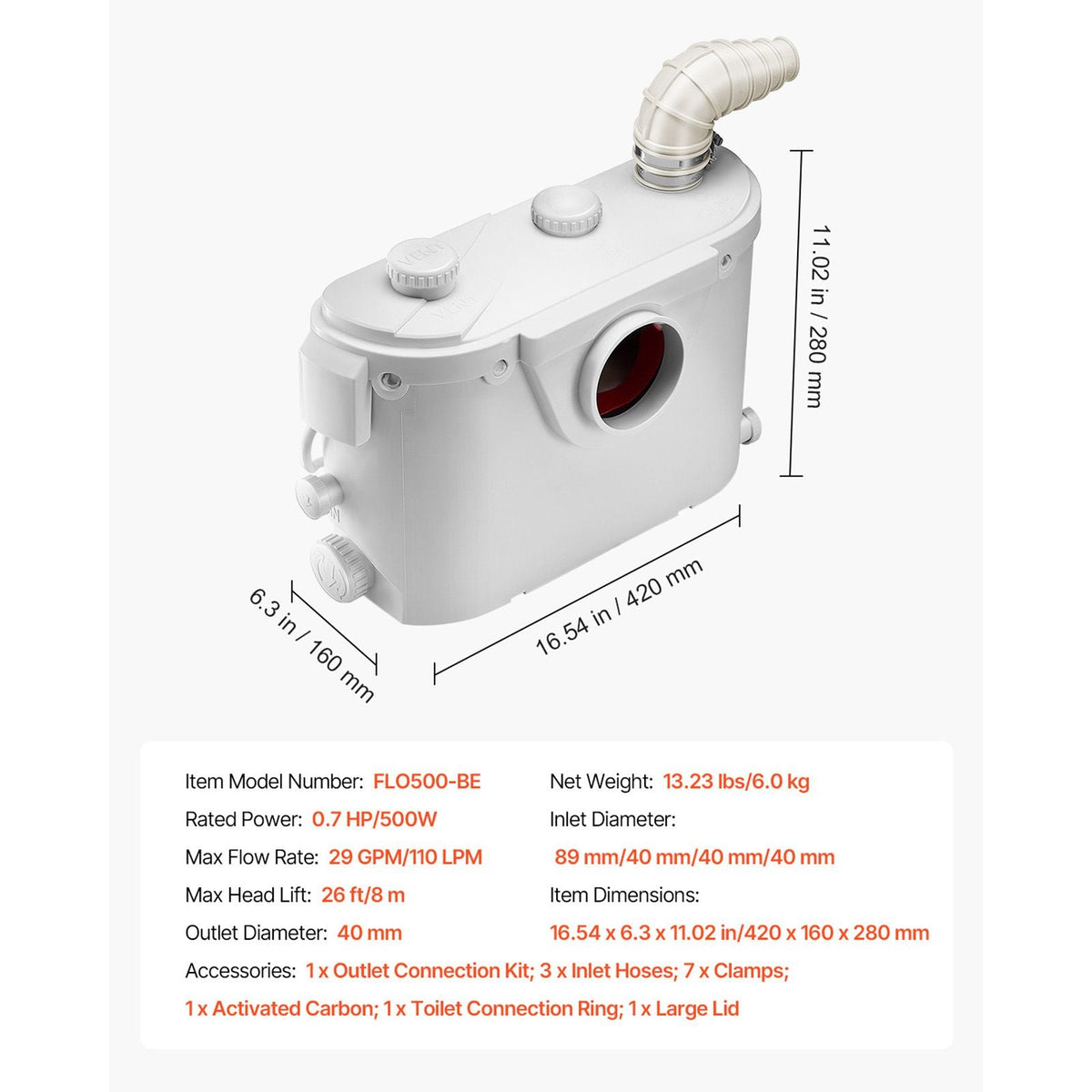 Macerator Pump, 500W, 29 GPM Flow, 26 ft/8 m Head, Macerator Sewerage Toilet Pump with 4 Water Inlets, Waste Water Disposal Upflush Machine for Toilet, Basement, Shower, Sink, Laundry, Bathtub